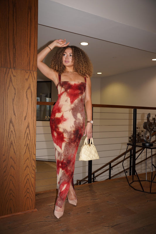 Sunset sparkle fabric long midi dress with ankle slit & bleeding heart detail at neckline. 4 way stretch, fully lined, evening dress